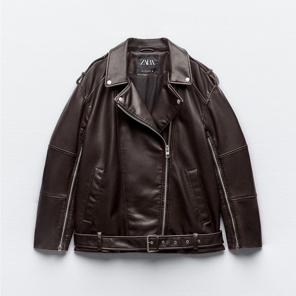 ZARA WASHED FAUX LEATHER OVERSIZED BIKER JACKET - Picture 9 of 14